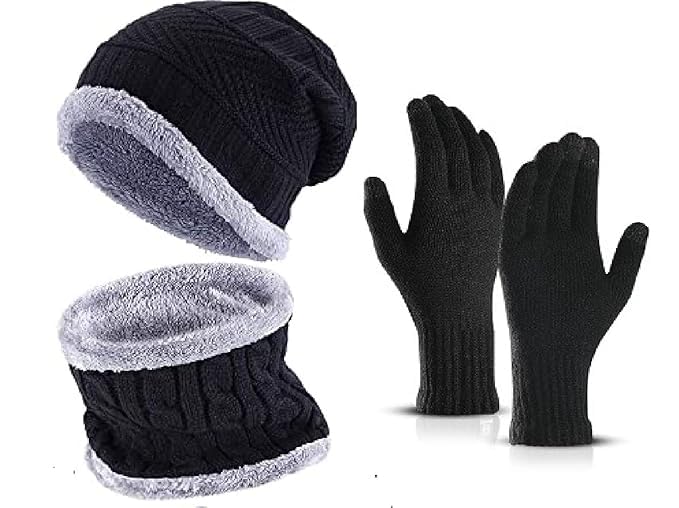 digital shopee Winter Accessory Set, Black Woolen Beanie Cap, Neck Warmer and Gloves with Fleece Lining, 3 Piece Set for Men and Women-picture-32