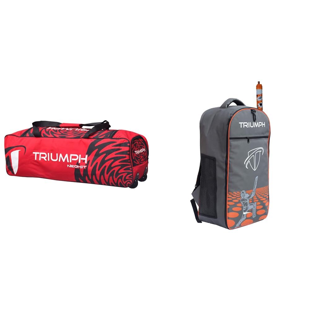 Triumph UNIKIT-990 Cricket Wheel Bags Size 36"x11"x10" Black/Red + KB-2020 Cricket Backpack Full Padded Grey/Orange Bag Size 27X8X14-image-43