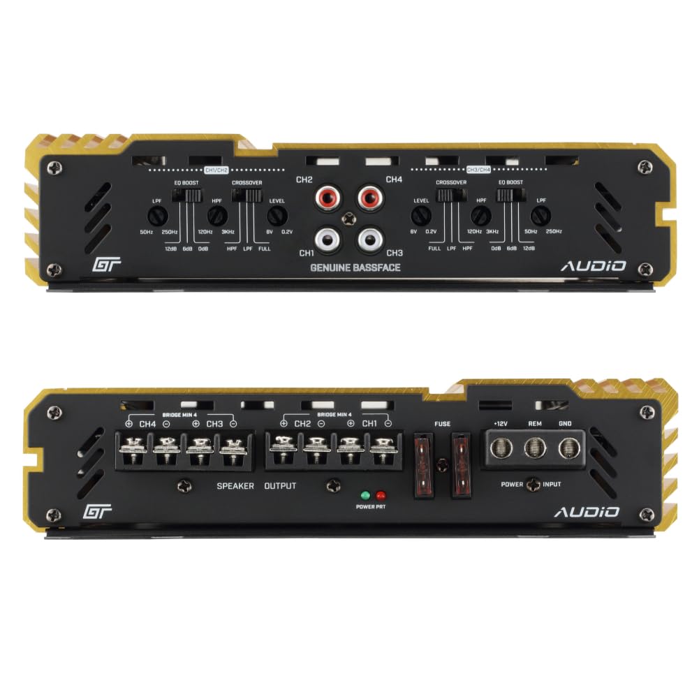 KIT SET PER BASS FACE GT AUDIO GT100/X4AB 1 amplificatore 4 canali, classe ab, 4 x 150 watt rms a 2 ohm, con eq boost 0 / +12 db, per auto, 1 pezzo + accessori omaggio