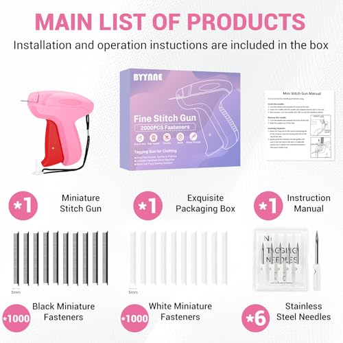 Image of Stitch Gun for Clothes - Handheld Quick Clothing Fixer - Tagging Gun for Clothing, Sewing Kit - Includes 6 Fine Needles, 1000 White & 1000 Black Fasteners (Pink Red)