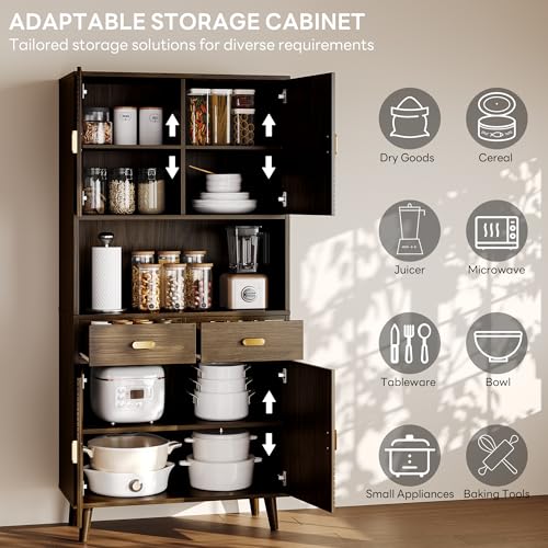Image of LIKIMIO 71.6 inch Tall Kitchen Pantry Cabinet, Walnut Mid-Century Hutch Cabinet with Storage- 3 Adjustable Shelves, 2 Drawers, Multi-Room Pantry
