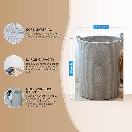 Image of ALBY Woven,Tall Wicker Laundry Basket for Blankets,Clothes,Pillows,Toys,Shoes Large Cotton Laundry Hamper for Bedroom Living Room Bathroom Nursery (58L / Large 15 inchD x 20 inchH, PURE GREY)