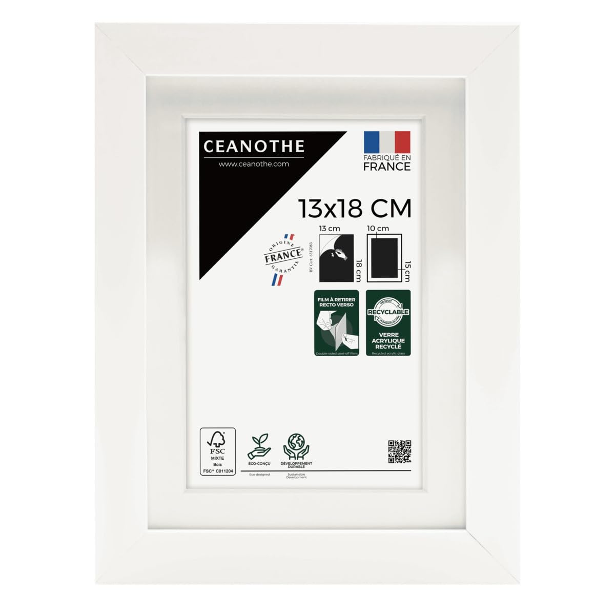 Ceanothe Cadre Photo 13x18 cm en Bois FSC Blanc Passe-​partout 10x15 cm - Convient au A6 et Carte Postale Design Effet Caisse Collection MILAN Verre acrylique Incassable Fabriqué en France