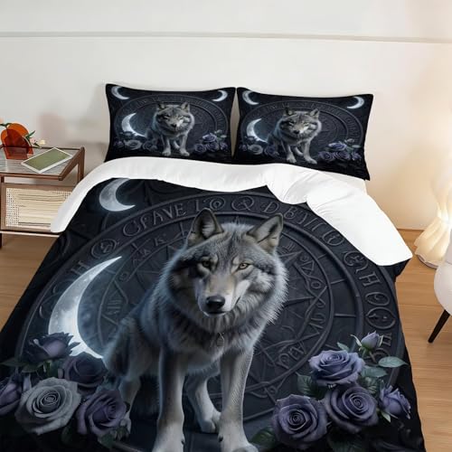 Image of Gothic Wolf Moon Comforter Set Queen Size Dark Fantasy Wolf Rose Bedding Sets for Kids Teens Boys Girls Bedroom Mystic Witchy Decor Quilt 1 Comforter 2 Pillowcases