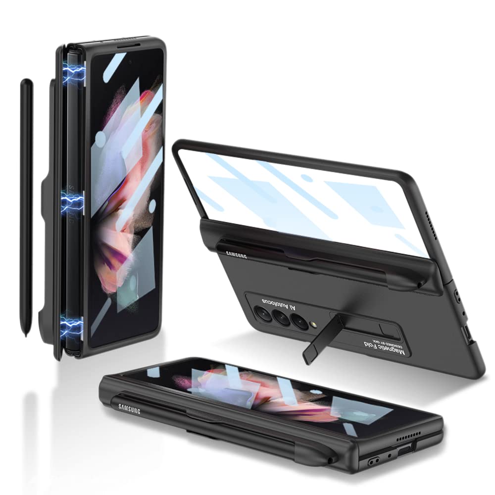 Funda para Samsung Galaxy Z Fold 3 5g Protectora de Pantalla Completa de 360 Grados Integrada Carcasa con Soporte y Titular de la Pluma Protección De Bisagra Case - Negro