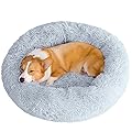 WEASHUME Calming Dog Cat Bed 50/70/85/100/120cm Plush Donut for Large Medium Small Dog Cat Calming Anxiety Relief Fluffy Soft Cuddler Round Pet Nest Orthopedic Relief Anti-Slip Light Grey 100cm