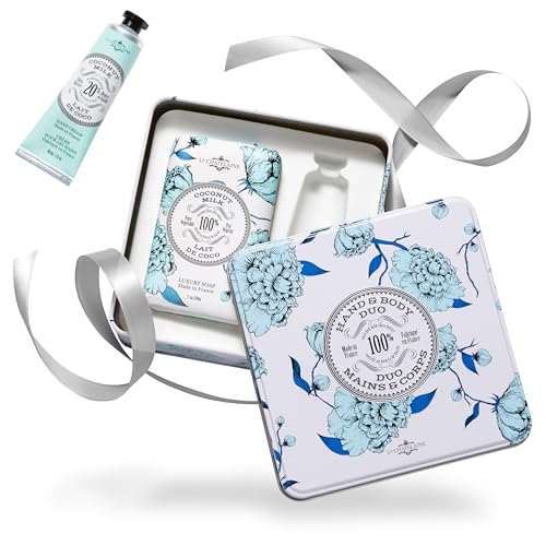 La Chatelaine Coconut Milk Triple Milled Bar Soap and 20% Shea Butter Hand Cream Gift Set Decorative Tin Plant-Based Natural & Organic Made in France (7 oz. soap bar 1 oz. hand lotion)