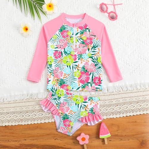 Image of HILEELANG Toddler & Little Girls' Long Sleeve Rash Guard Swimwear Set - UV Protection, 2-Piece Design, Fun Prints, 2-9 Years