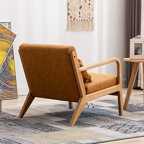Dm Furniture Dm-Furniture Leather Accent Chair Midcentury Modern Oak Armchair Upholstered Side Boho Chair For Living Room Bedroom Restaurant, Pu Orange, 1 Accent Chair #TOP3
