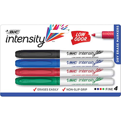 BIC GDEP41-Ast Great Erase Low Odor Dry Erase Markers, Fine Point, Assorted, 4 Dry Erase Markers