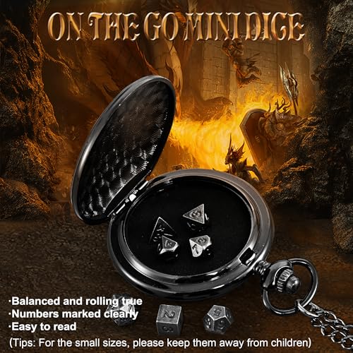 Image of Kabinka DND Dice Set, 7pcs Mini Metal Dice with Pocket Watch Shell, Portable D&D Dic with Necklace, Dungeons and Dragons Dice for RPG(Five-Headed Dragon, Black)