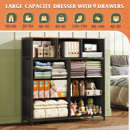 Image of WLIVE 9 Drawer Dresser, Fabric Storage Tower for Bedroom, Hallway, Closet, Tall Chest Organizer Unit for Bedroom with Fabric Bins, Steel Frame, Wood Top, Easy Pull Handle, Pattern