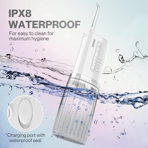OOZZ Kompakter Reise-Munddusche, Taschen-Zahnseidegerät mit USB-C-Ladefunktion, 5 Reinigungsmodi, 6 austauschbaren Aufsätzen, kabellos, IPX8 wasserdicht, auslaufsichere Munddusche, OZ-7214