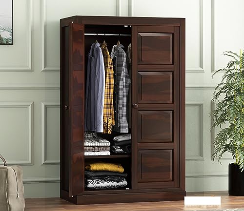 Image of Sheesham Wood Wooden 2 Door Wardrobe Organizer for Clothes | - Solid Wood Almirah with 2 Shelves - with Hanging Space Cupboard for Large Bedroom (Design 19)
