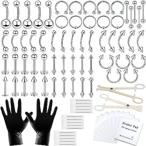 A-minusone 84 PCS Body Septum Piercing Kit 14G 16G Tools for Nose Tongue Lip Ear Eyebrow Belly Button Cartilage Tragus Industrial Barbell Helix Daith Piercing Jewelry Clamps Cover