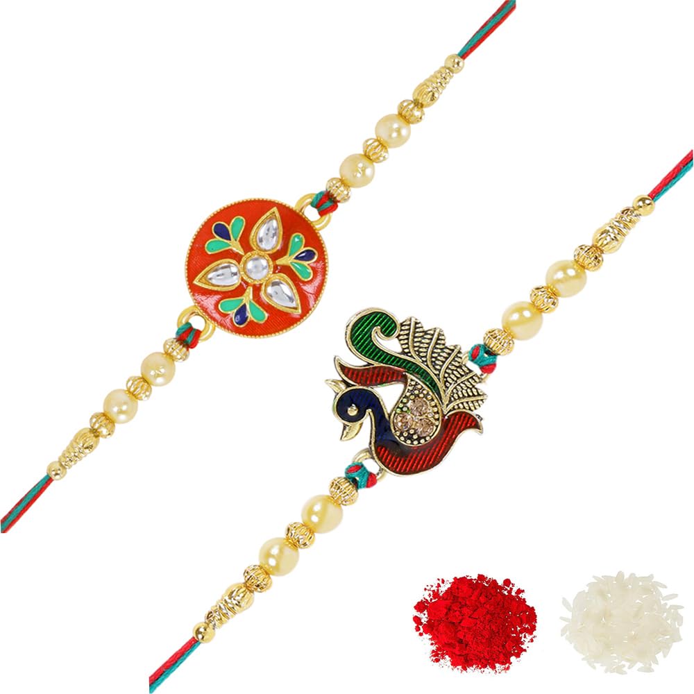 Riddhika Ventures Stylish Meenakari Ganesh and Peacock Rakhi (Set of 2) with Roli Chawal and Greeting Card (P2P7) (B07DZLSNZJ) Amazon Price History, Amazon Price Tracker