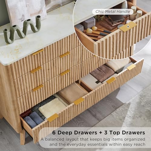 Image of T4TREAM 54 inch Wide Fluted 9 Drawer Dresser for Bedroom, Natural Oak | Mid Century Modern, Faux Marble Top, Curved Profile, Metal Handles, Anti-tip Kit, Smooth Slides, for Living Room, Hallway