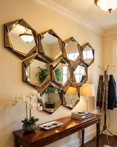 Image of Alfa Design 3D Hexagonal Wall Mounted Bevelled Wall Mirror | 15x13 Inch Glass Wood Backing | Mirror for Farmhouse (Pack of 1)