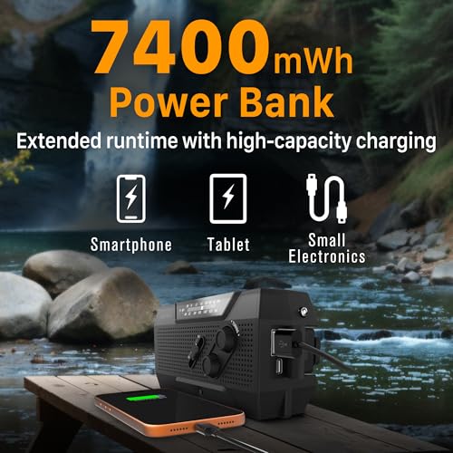 Image of FosPower NOAA Emergency Weather Radio A1 7400mWh Portable Power Bank, AM /FM, USB /Solar /Hand Crank Charging, Battery Operated, SOS Alarm & Flashlight for Indoor /Outdoor Emergency - Black