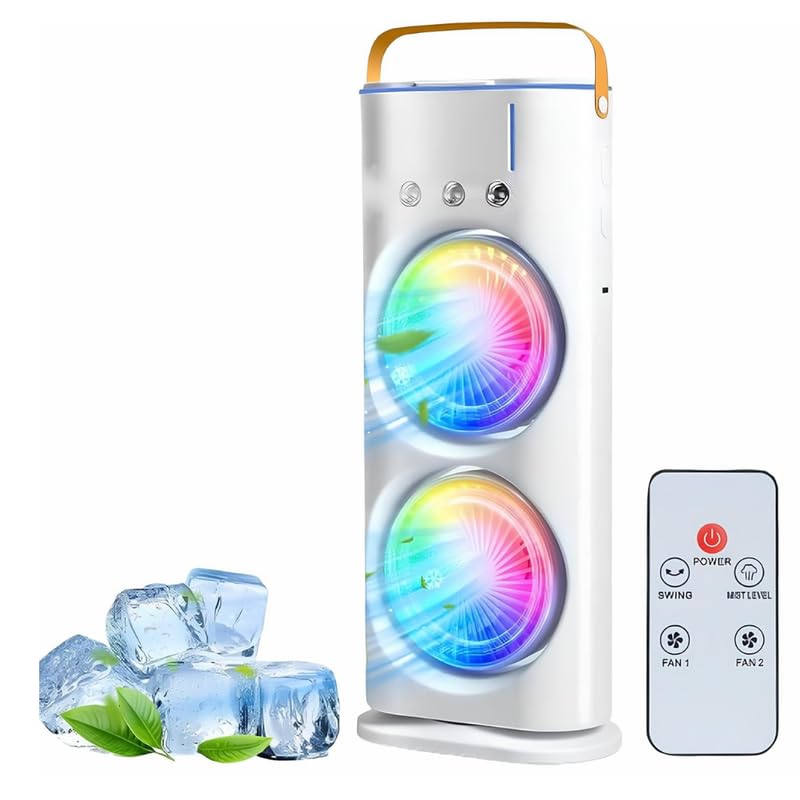 Image of Drumstone 𝟏𝟓 𝐘𝐞𝐚𝐫𝐬 𝐆𝐮𝐚𝐫𝐚𝐧𝐭𝐞𝐞 Double Ended USB Rechargeable Air Cooler Fan with LED Light | 3-Speed Spray Mist Fan with Remote & Touch Control | 280ml Ice Tank, Cold Mist Cooling Fan