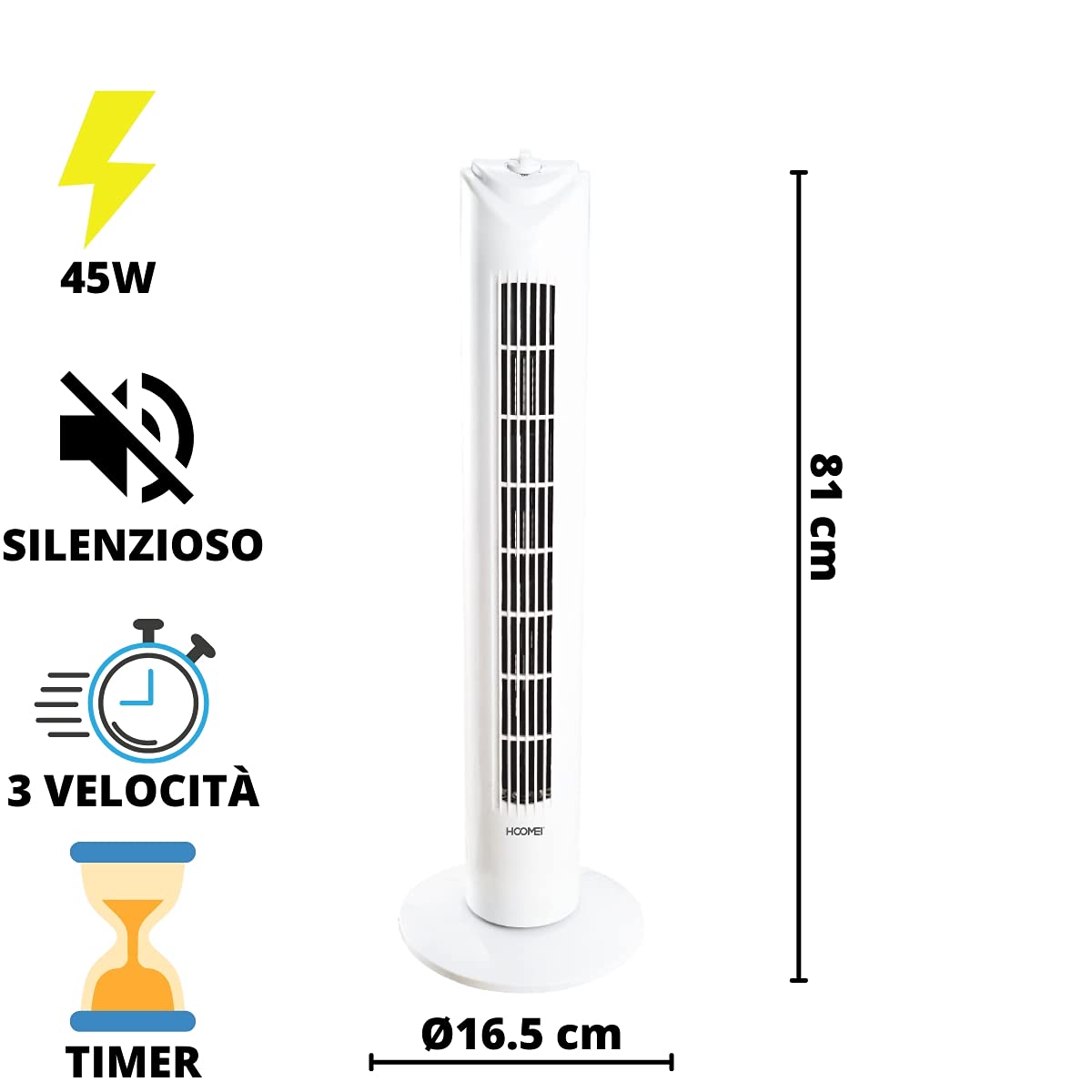 Ventilatore A Torre Aigostar 82cm - 3 Velocità, Oscillazione 85°, Timer 120 Minuti, Senza Pale, Nero