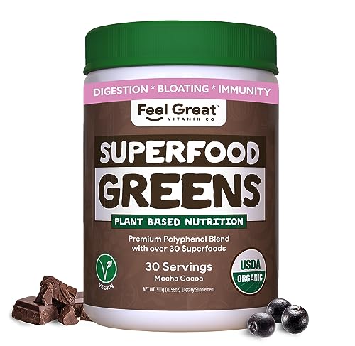 Feel Great USDA Organic Super Greens Powder - Mocha Chocolate Flavor - Probiotics & Digestive Enzymes to Support Gut Health - Superfoods to Boost Wellness & Immunity. Feel Great USDA Organic Super Greens Powder - Mocha Chocolate Flavor - Probiotics & Digestive Enzymes to Support Gut Health - Superfoods to Boost Wellness & Immunity.