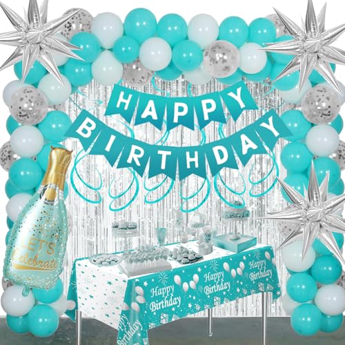 Teal Birthday Decorations for Women Girls Turquoise Birtihday Decorations Brthday Party Decoartions with Happy Brithday Banner Balloons Arch Fringe Curtains Tablecloth Wine Bottle Birthday decor