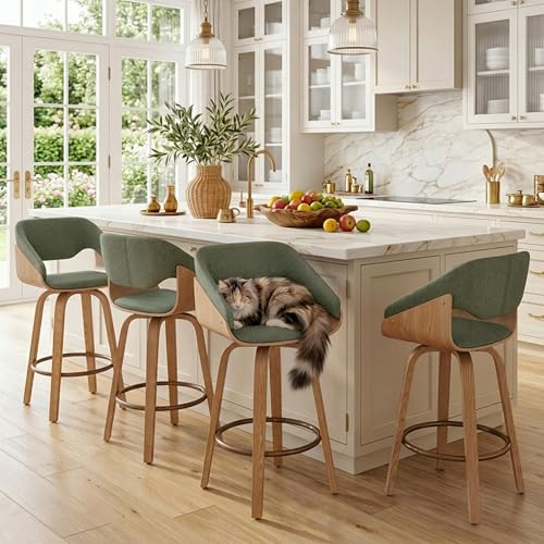 Image of 26'' Modern Barrel Swivel Counter Stools Counter Height Swivel Bar Stools with Backs Set of 4, Green Linen Upholstered Bar Height stools, Farmhouse Solid Wood Barstools for Kitchen Island, Home Bar