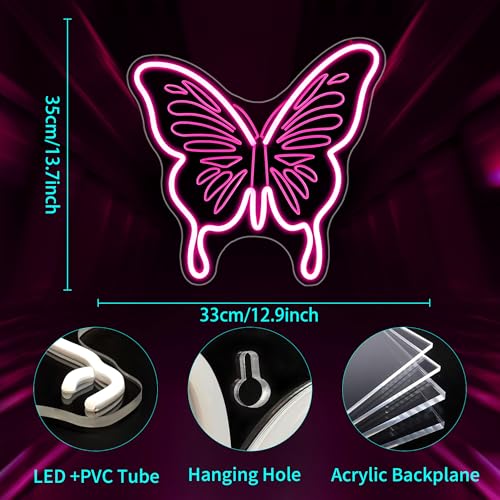 Image of Butterfly Neon Sign, JGHTURIE Pink Neon Signs for Wall Decor Engraved LED Light Up Sign Room Decor for Club Party Bar Signs Decoration USB Powered