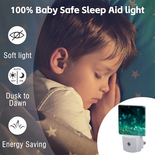 Image of Green Gold Glitter Night Light - Plug into Wall, Green Sparkle Shining Lights Dusk to Dawn, 0.5w Energy Saving Sleep Friendly Night Light for Kids Boys Girls Home Decor