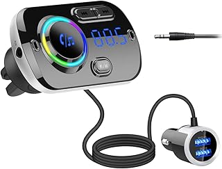 Bluetooth Car FM Transmitter,HIDOU Bluetooth 5.0 Car Radio Adapter Receiver with 7 Color Light,QC3.0/2.4A USB Car Charger Kit,Siri Google Assistant,Handsfree Mp3 Player
