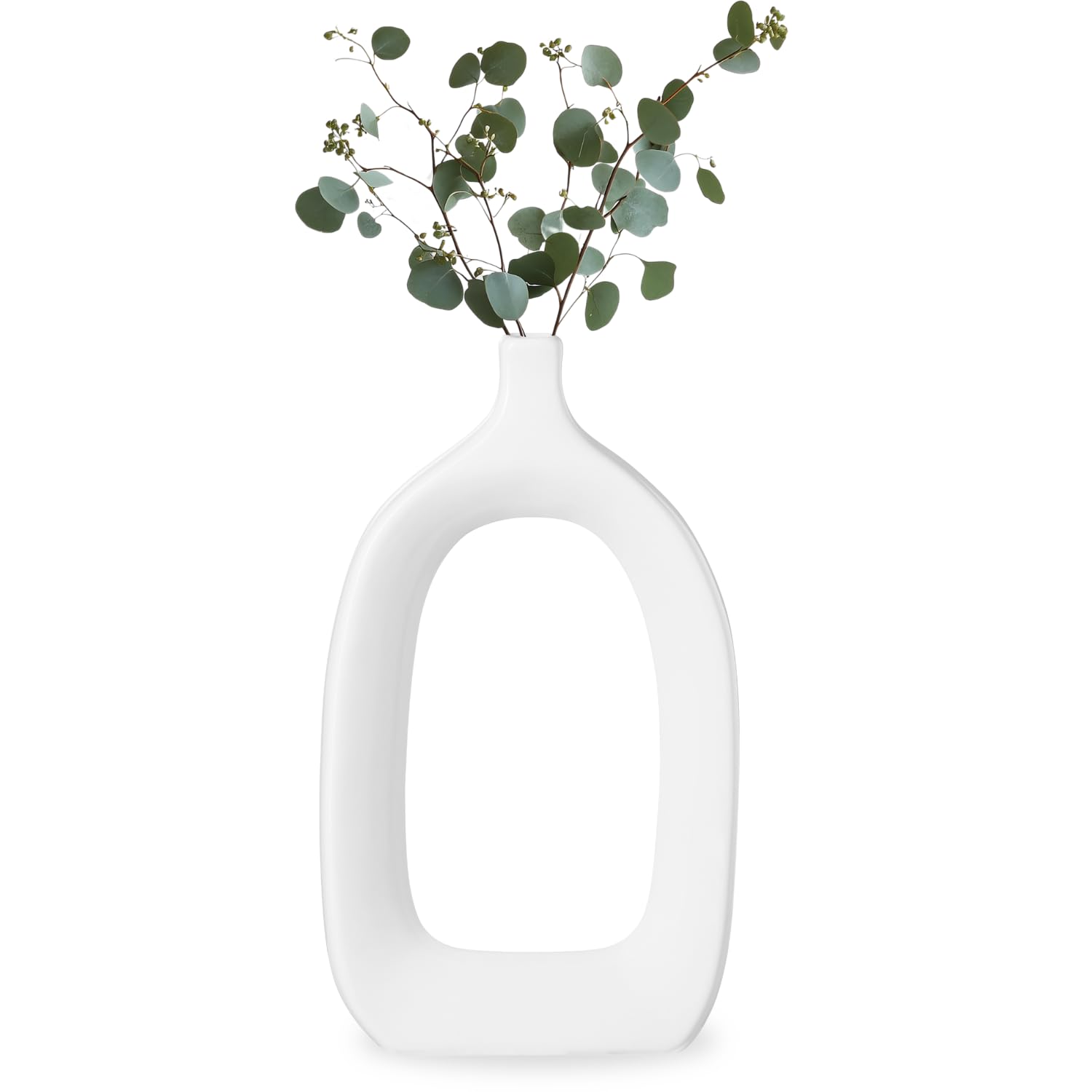 Torre & Tagus 15" Tall Ceramic White Hollow Vase - Abstract White Vase for Modern Home Decor, Handmade Gloss Finish Sculpture Design, Modern Table Decor for Entryway Table, Mantel or Shelf (Open)