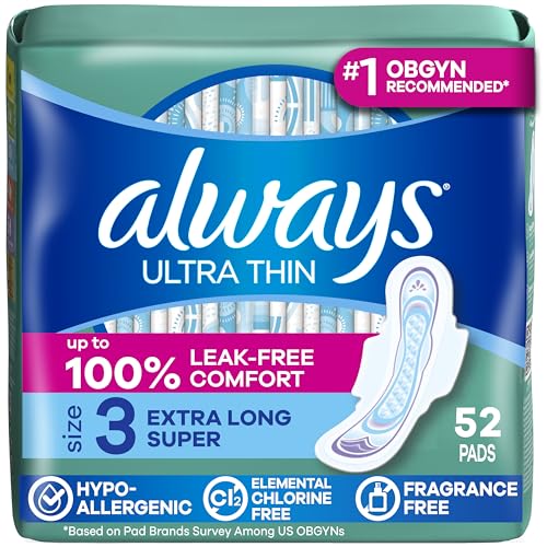 Image of Always Ultra Thin Feminine Pads with Wings for Women, Size 3, Extra Long Super Absorbency, Unscented, Up to 100% Leak-Free Protection, 52 Count