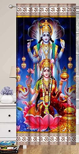 Image of Premium Fabric God Vishnu Lakshmi Design Parde for Mandir, Pooja Room, Temple, Home, 4x9 feet Long Curtains Set of 1 Pc