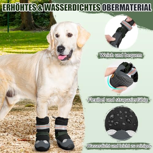 SlowTon Hundeschuhe - Wasserfeste Hundestiefel für den Winter, warme Hundeschneestiefel mit Rutschfester Gummisohle und reflektierenden Streifen für kleine bis große Hunde zum Gehen auf Schnee