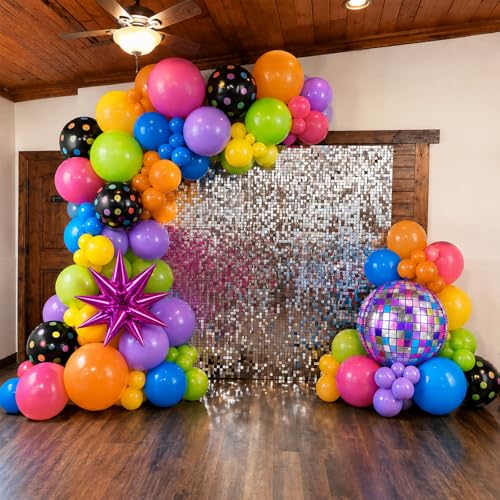 Image of Neon Balloons, 12Inch Disco Rainbow Balloons, Hot Pink Blue Green Orange Purple Colorful Dot Latex Balloon with Star and Disco Ball Foil Balloon for Retro 80s 90s Music Rock Theme Birthday Party Decor