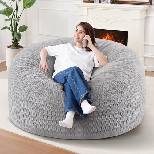 Image of 4FT Bean Bag Chair,Giant Bean Bag Chairs for Adults,Big Bean Bags with Memory Foam Filled, Large Beanbag Chairs with Chevron Plush Cover-Light Grey