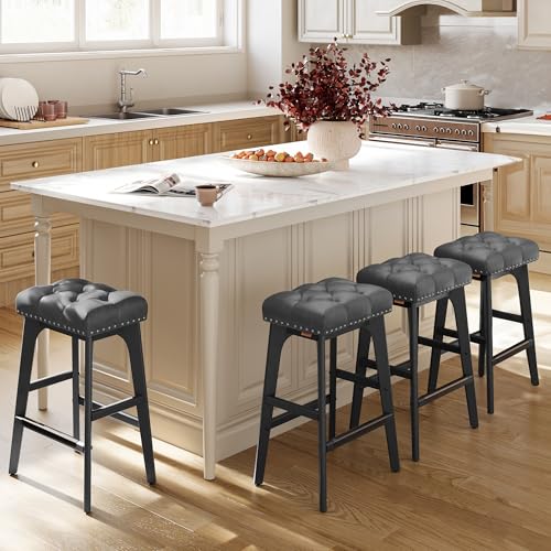 VASAGLE Bar Stools Set of 2, Saddle Counter Height Bar Stools, 26-Inch Backless Kitchen Stools with Wood Legs, PU Leather Thickened Upholstered Barstools for Kitchen Island Dining Room, Dove