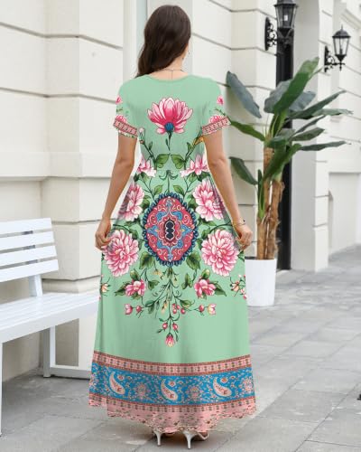 Image of COSSEN Women's Crew Neck Short Sleeve Maxi Dress with Pockets Casual Loose Swing for Wedding Guest Beach Vacation