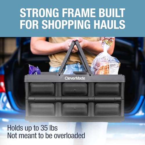 Image of CleverMade Collapsible Shopping Basket 32L, 3 Pack - Folding Grocery Basket with Handles, Stackable Reusable Storage Crate with 35 lb Capacity, Recycled Plastic, Car Trunk Organizer- Stone Gray