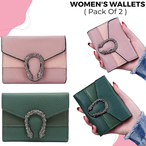 Image of Kraptick Women s Wallet Stylish Compact Purse Clutch with Card & Coin Holder Debit Card Organizer, Travel Wallet & Money Organizer for Women with 8 Card Slots (Pink & Green) (Combo of 2)
