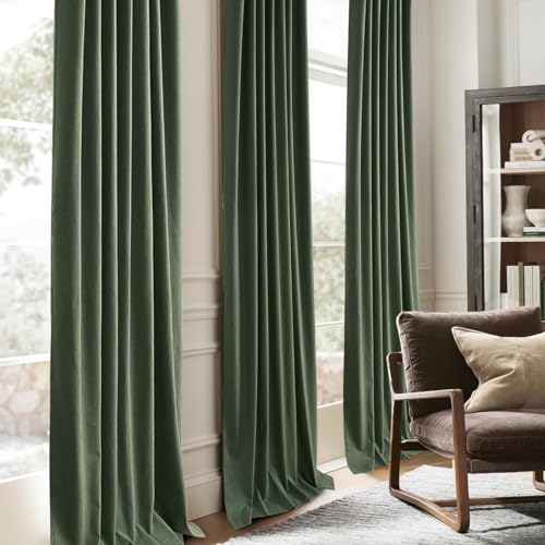 Image of Lush Decor 132 Inch Long Insulated Back Tab Pinch Pleated Curtains, Linen Olive Green Blackout Large Window Drapes, Room Darkening Extra Long Tall Curtain for Living Room (40 inch Wx132 x2 Panels Loden)