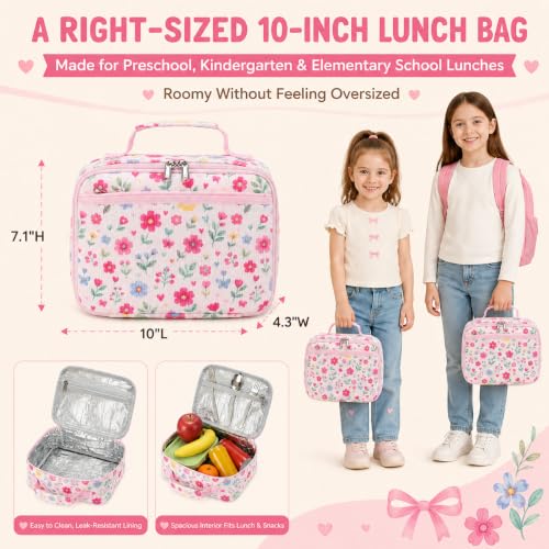 Image of CAMTOP Lunch Box Kids Boys Insulated Lunch Cooler Bag Reusable Lunch Tote Kit for School Travel (Flower Pink)
