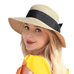 Beach Sun Straw Hats for Women, UPF 50+ UV Sun Protection Wide Brim Summer Straw Hat Foldable Packable Roll up Cap