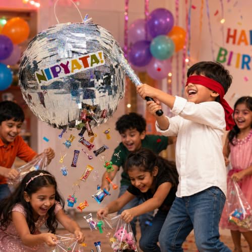 Image of Wanna Party Disco Ball Shaped Pinata Khoi Bag with Stick for Kids & Adults Birthday Party, Fillable Silver Mirror Ball Pinata Game for Disco Theme Party Decoration, Dance & Retro Theme