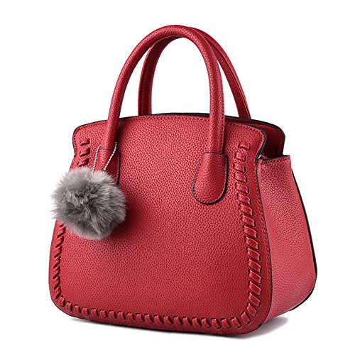 Bolsos de Mujeres PU Piel Nueva Manera Sencilla Bolso de Mano Satchel Bolso del Mensajero del Hombro Adornos de Juguete Mullido Rojo 1