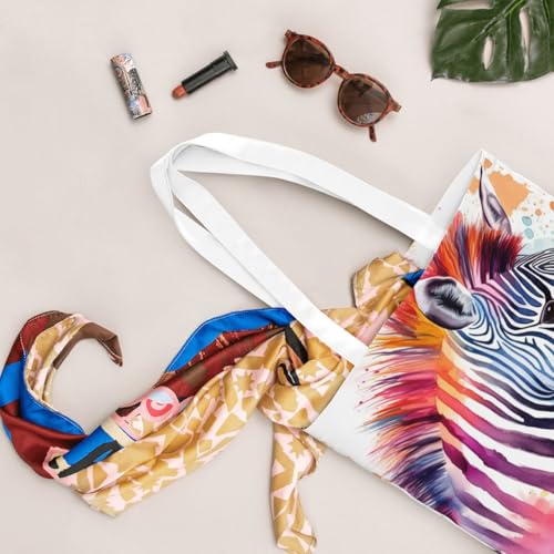 Canvas Tote Bag for Women Shoulder Tote Purse Reusable Grocery Bag Cute Colorful Zebra Aesthetic Shopping Bags4