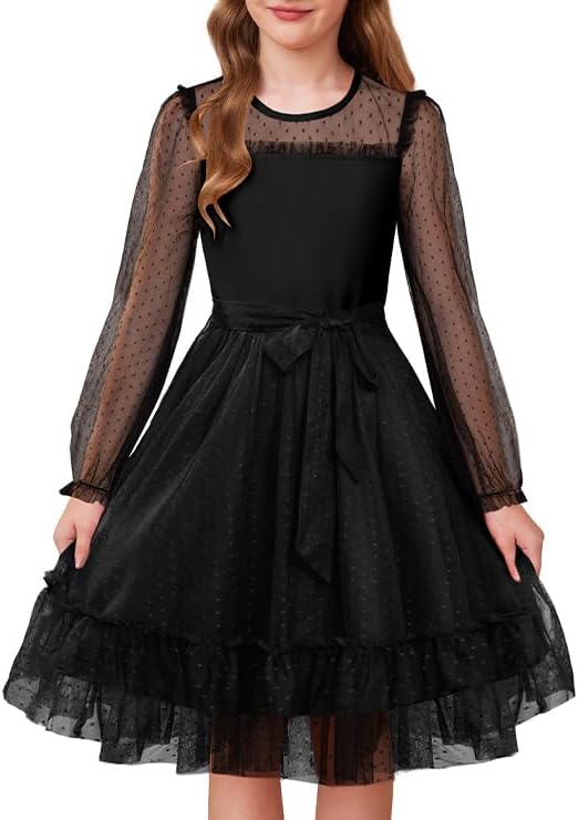 GRACE KARIN Girls Contrast Mesh Dress Formal Party Long Sleeve High Waist Tulle A-Line Fall Dresses for 6-12 Years