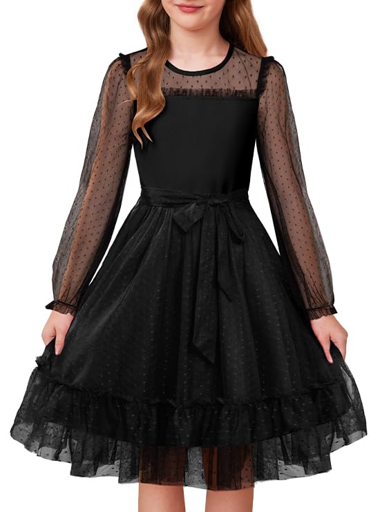 GRACE KARIN Girls Contrast Mesh Dress Long Sleeve Formal Party Birthday High Waist A-Line Tulle Dresses for 6-12 Years