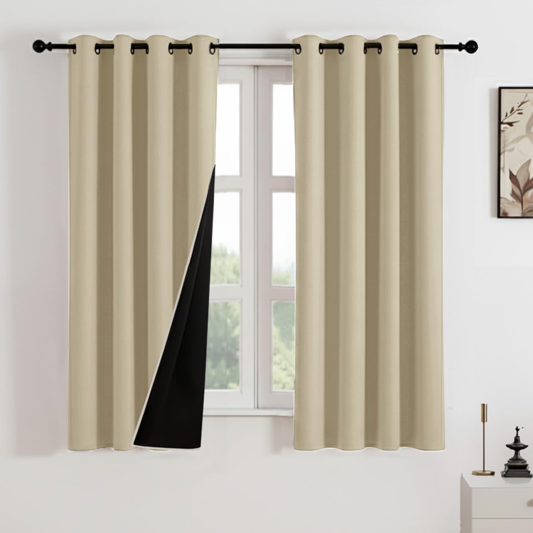 HOMEMONDE Window Curtains 5 Feet Pack of 2 - Thermal Insulation 100% True Blackout Curtain, Fade Resistant & Black Backing Drapes - (60 Inch, Solid Beige)-image-2